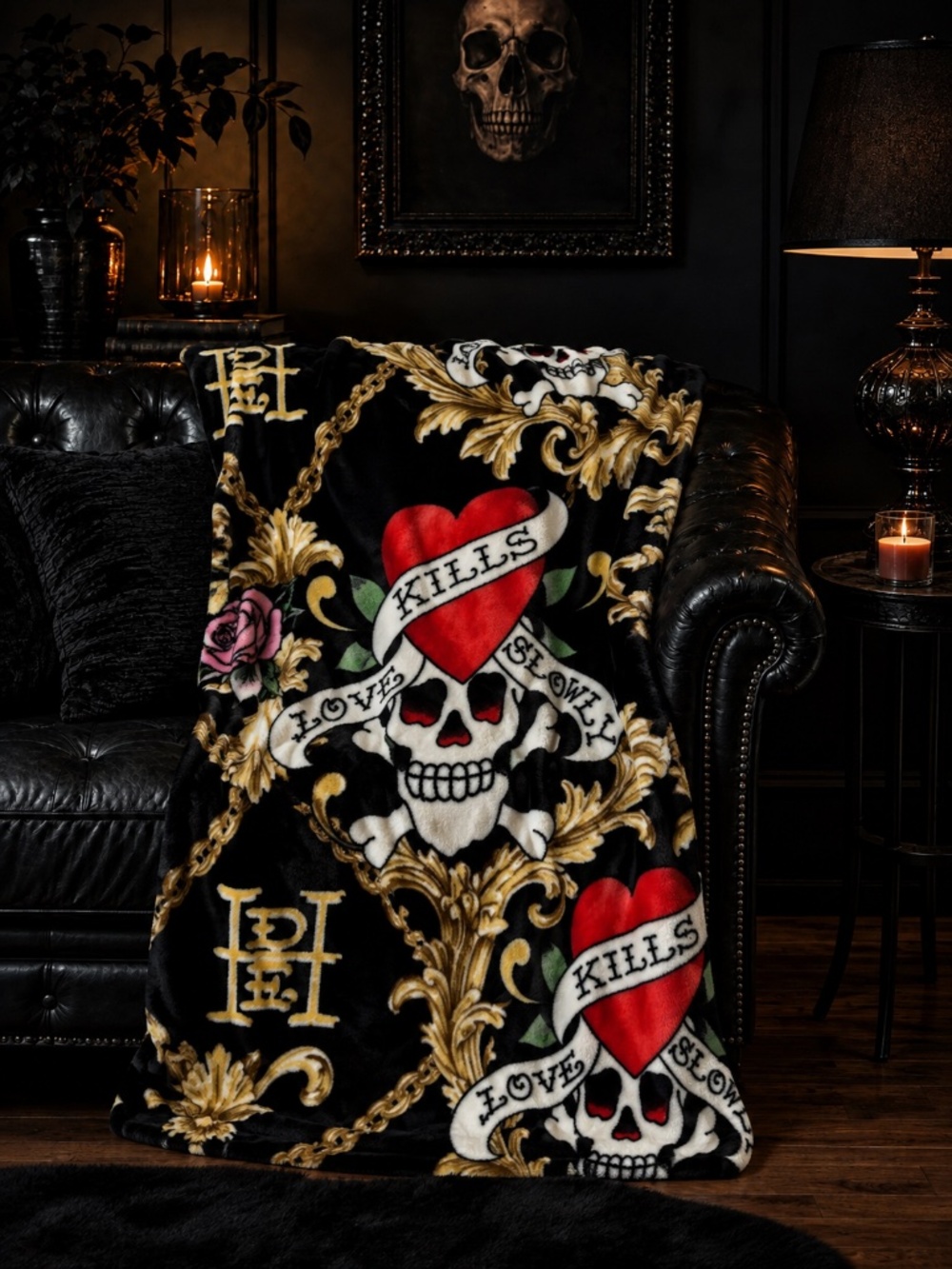 Ed Hardy Oversized Plush Throw Blanket Skull Heart Roses Black Gold 60x70 NWT